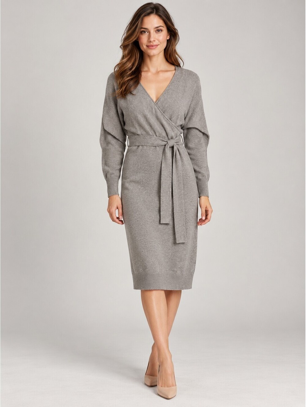 Express Women's Gray Knit Wrap Sweater Midi Dress Belted Size S NWT